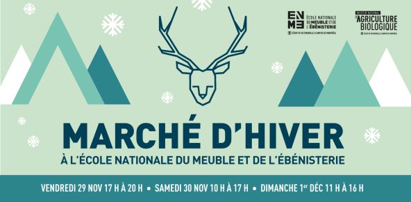 Visuel du Marché d'hiver dans les tons de turquoise avec des montagnes et le dessin d'une tête de chevreuil