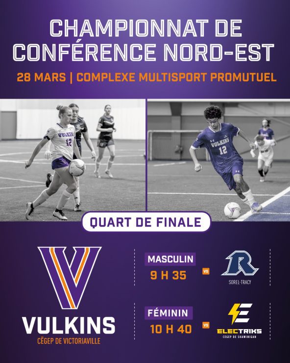 Visuel annonçant une championnat de soccer intérieur qui montre 2 athlètes Vulkins en action.