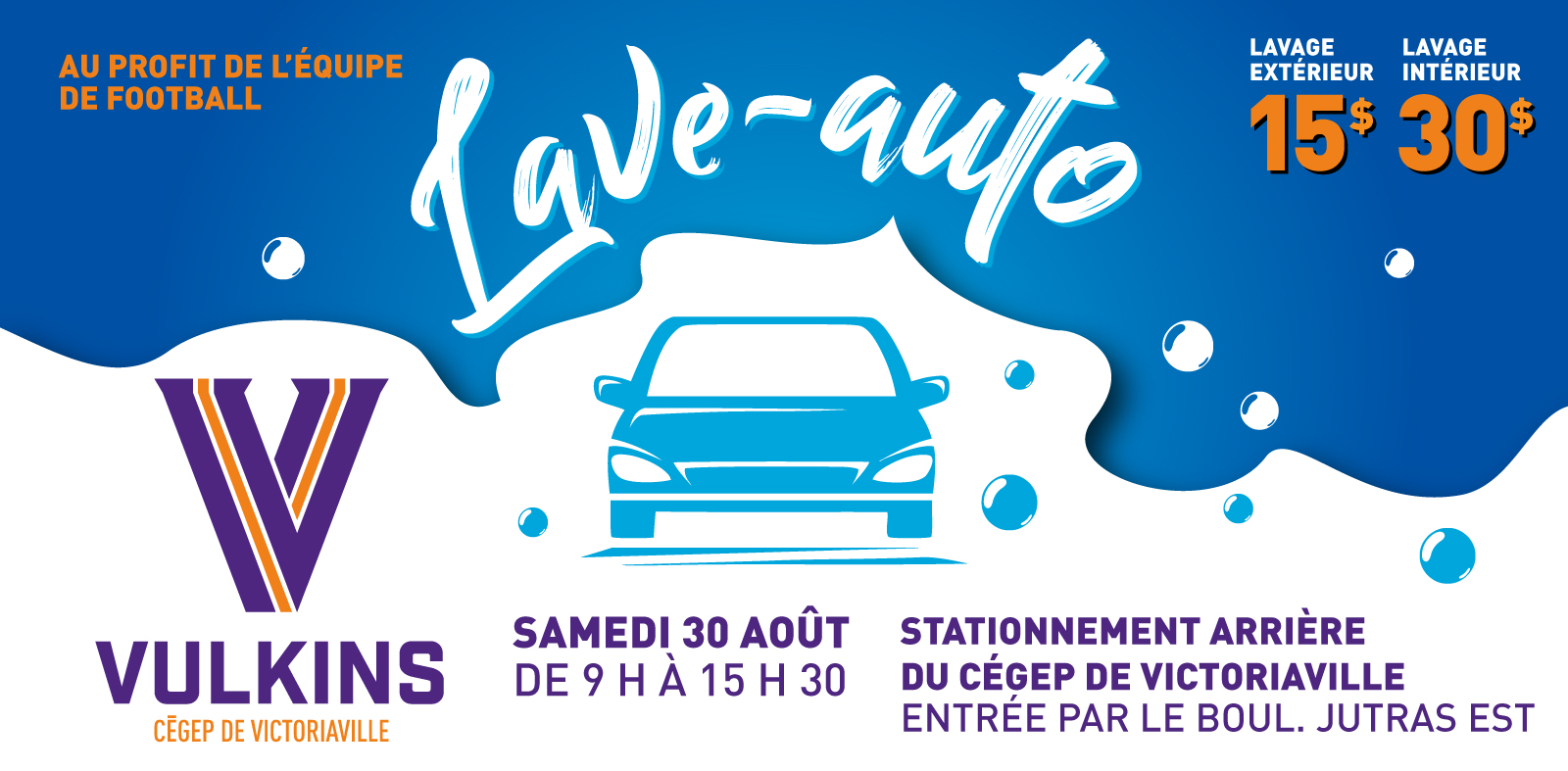 Publicité pour un lave-auto organisé au profit de l'équipe de football des Vulkins