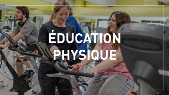 bouton cliquable éducation physique avec une photo en arrière plan d'un prof et d'une élève près d'un vélo stationnaire