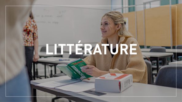 bouton cliquable littérature avec en arrière plan une photo d'une élève assis à une table avec un dictionnaire et un bescherelle