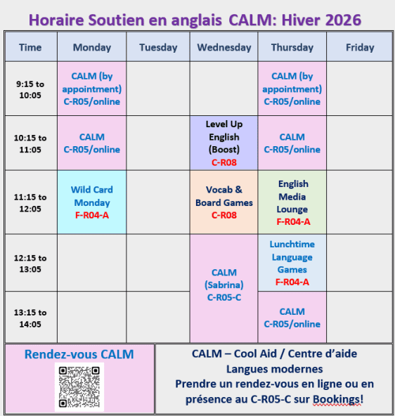 image de l'horaire soutien en anglais pour la session hiver 2026
