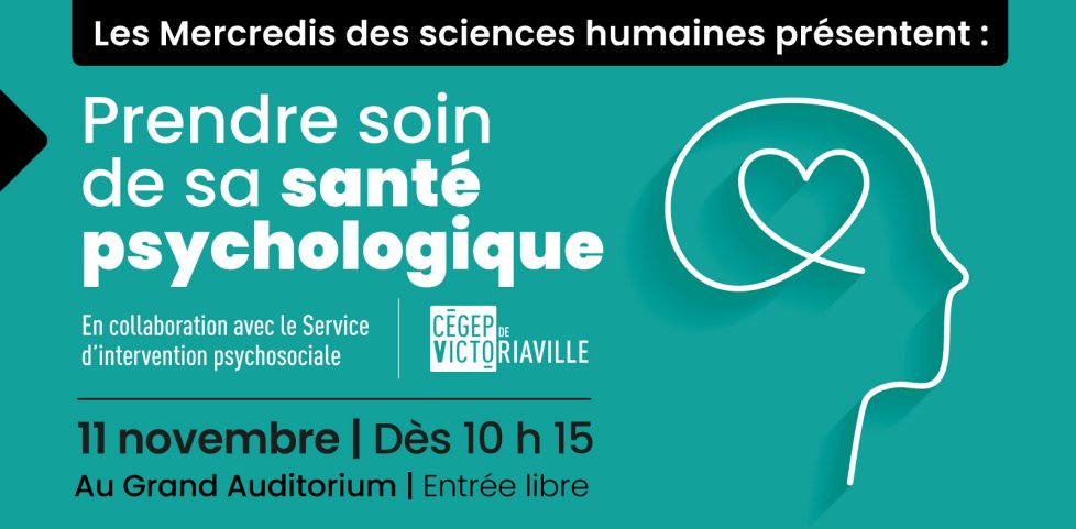 visuel officiel de la conférence Prendre soin de sa santé psychologique, on y voit une ligne créant un profil de visage avec un coeur où le cerveau